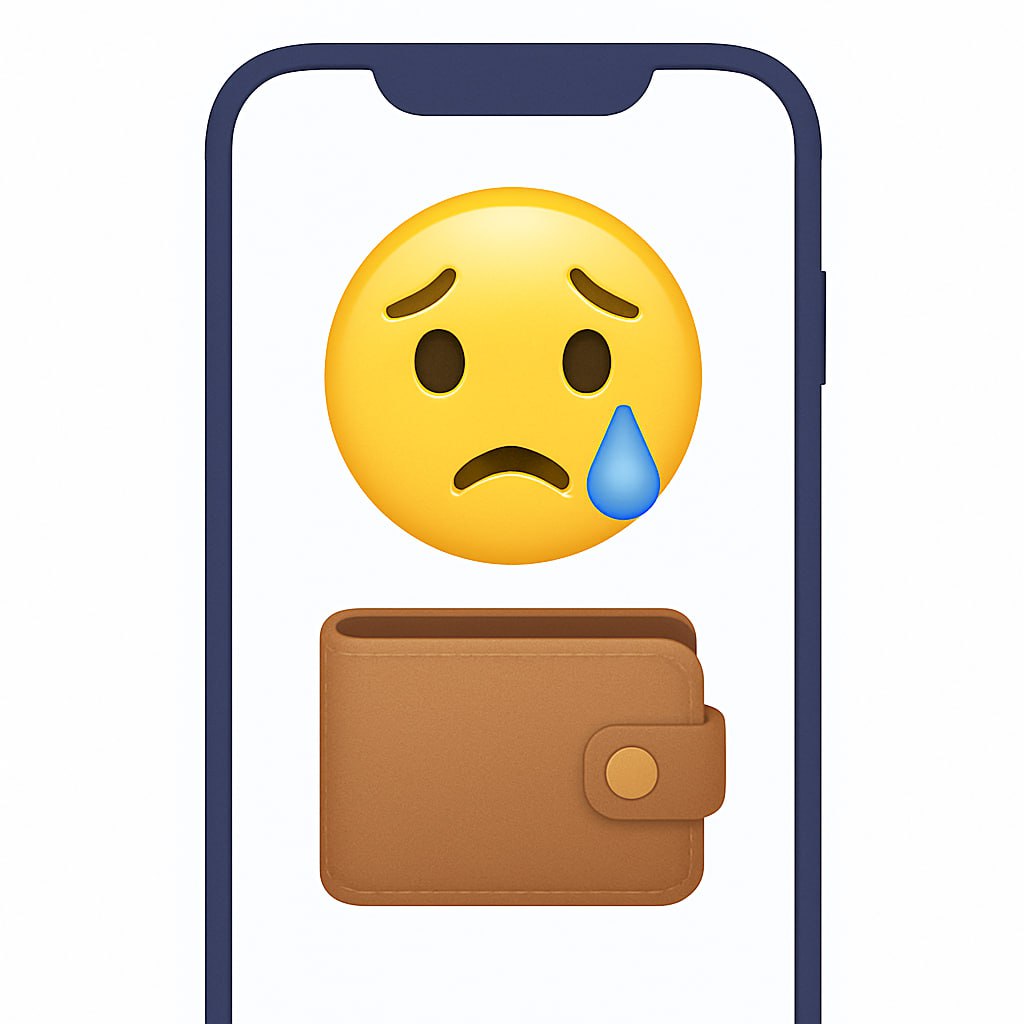 mobile screen crying emoji over empty wallet