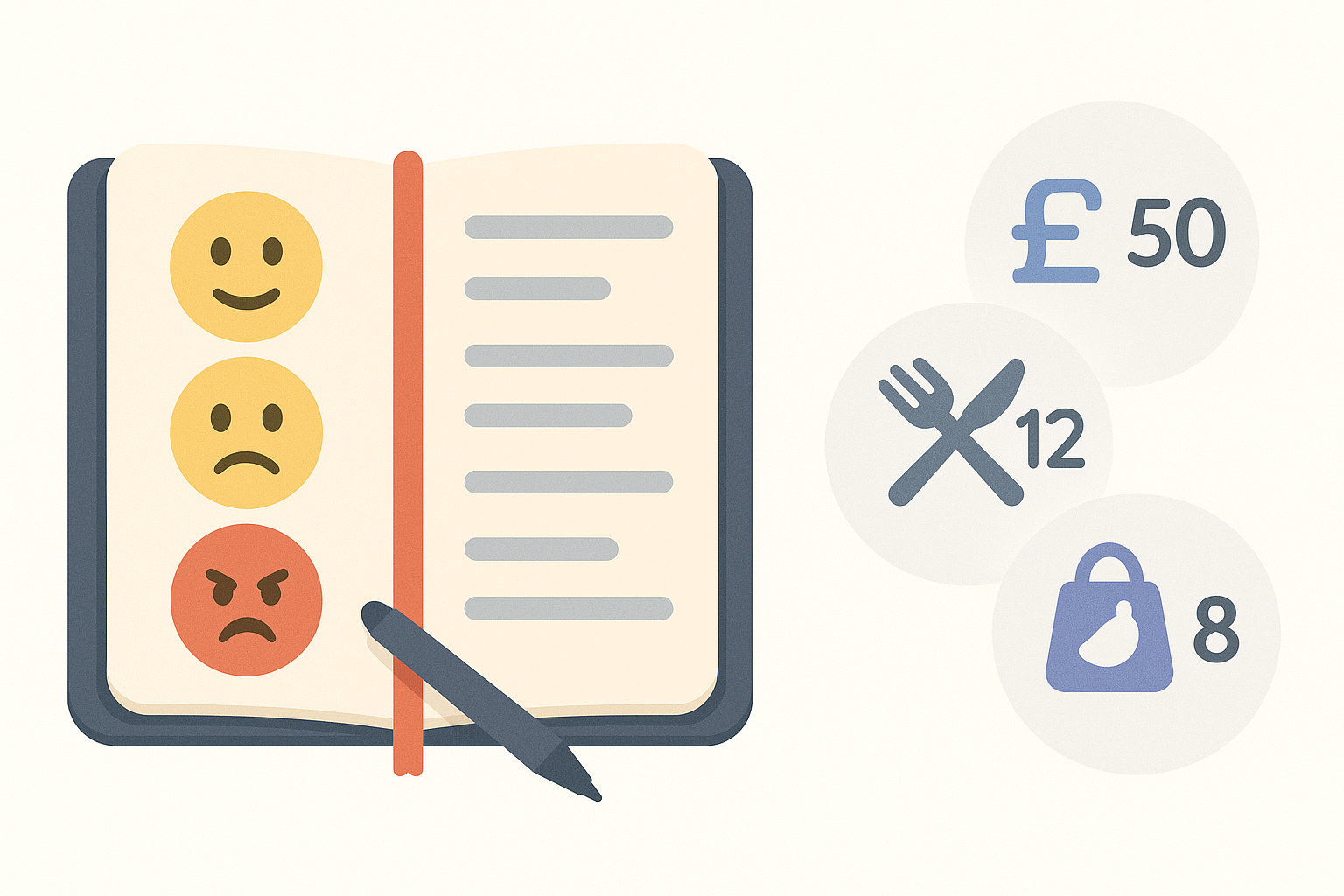 open-journal-with-emoji-moods-expense-bubbles
